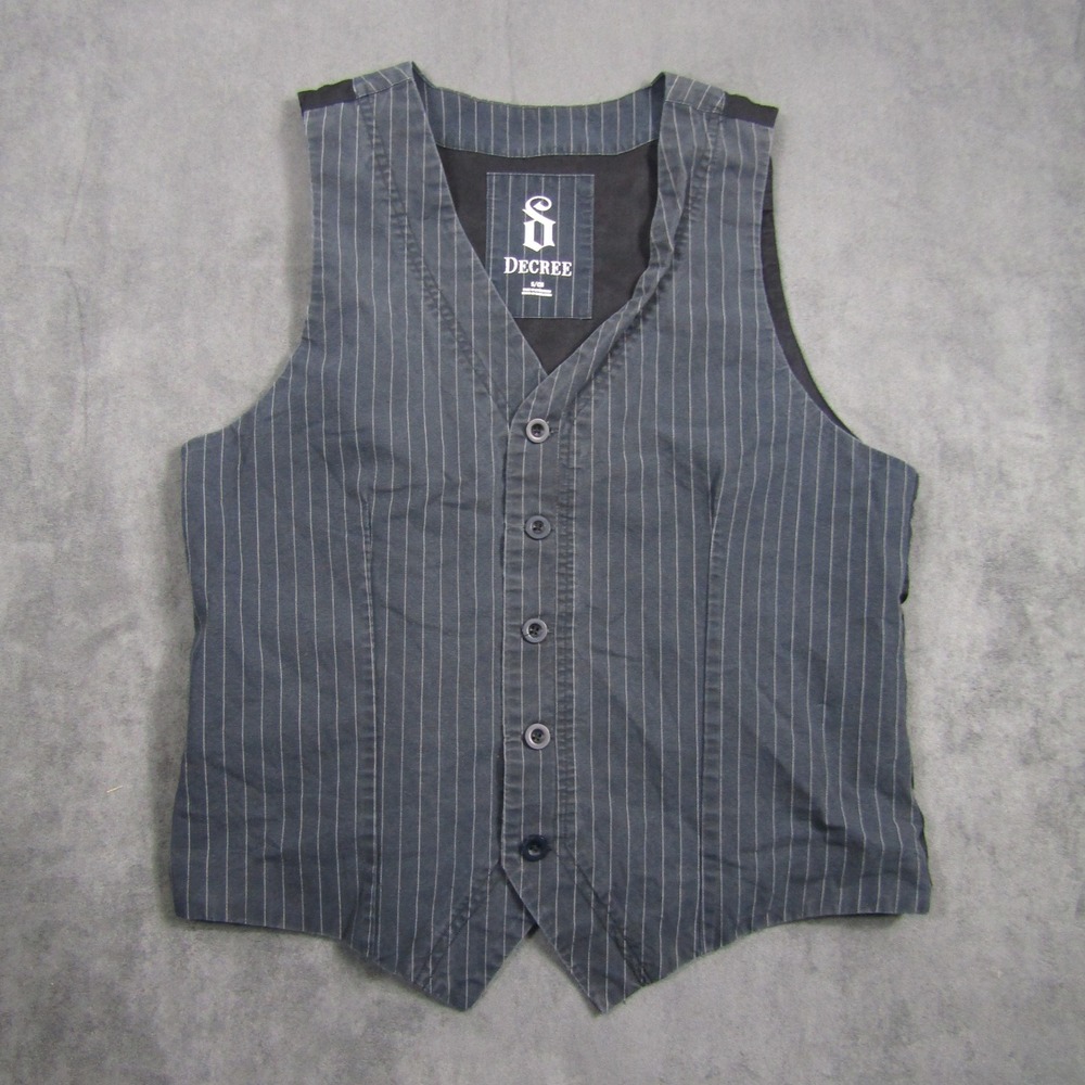 Decree Vest Women Small Blue Pinstripe Button Front Cinch Back Cotton Blend